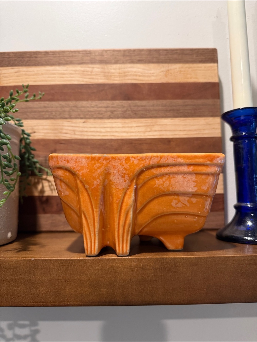 🧡 Vintage USA Orange Ceramic Planter Art Deco Footed Pottery